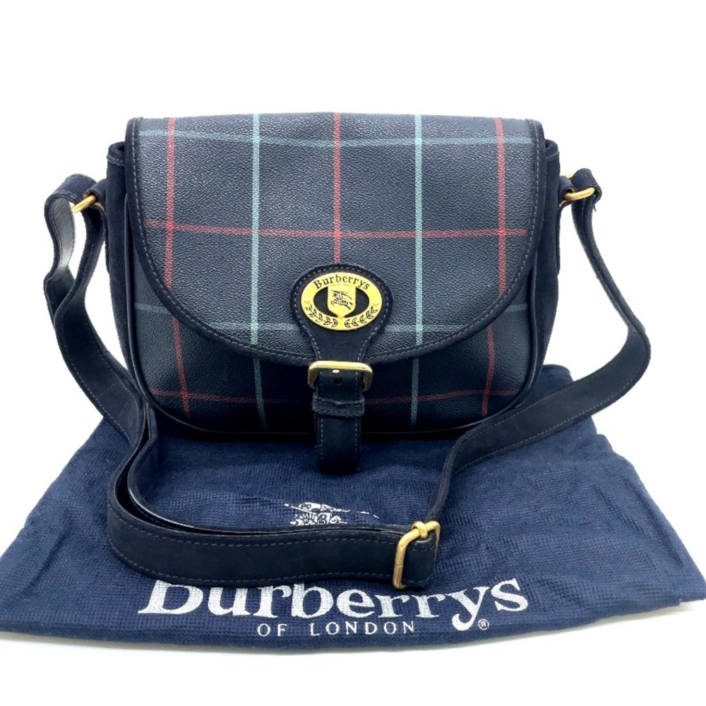 Sold Auth Burberry Nova Check PVC leather Navy Shoulder Bag W/Dustbag